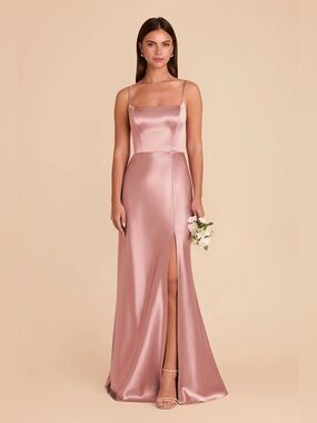 Mai Dress Shiny Satin Spaghetti-Strap Evening Gown in English Rose